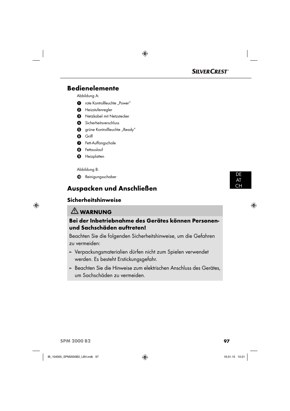 Bedienelemente, Auspacken und anschließen | Silvercrest SPM 2000 B2 User Manual | Page 100 / 112