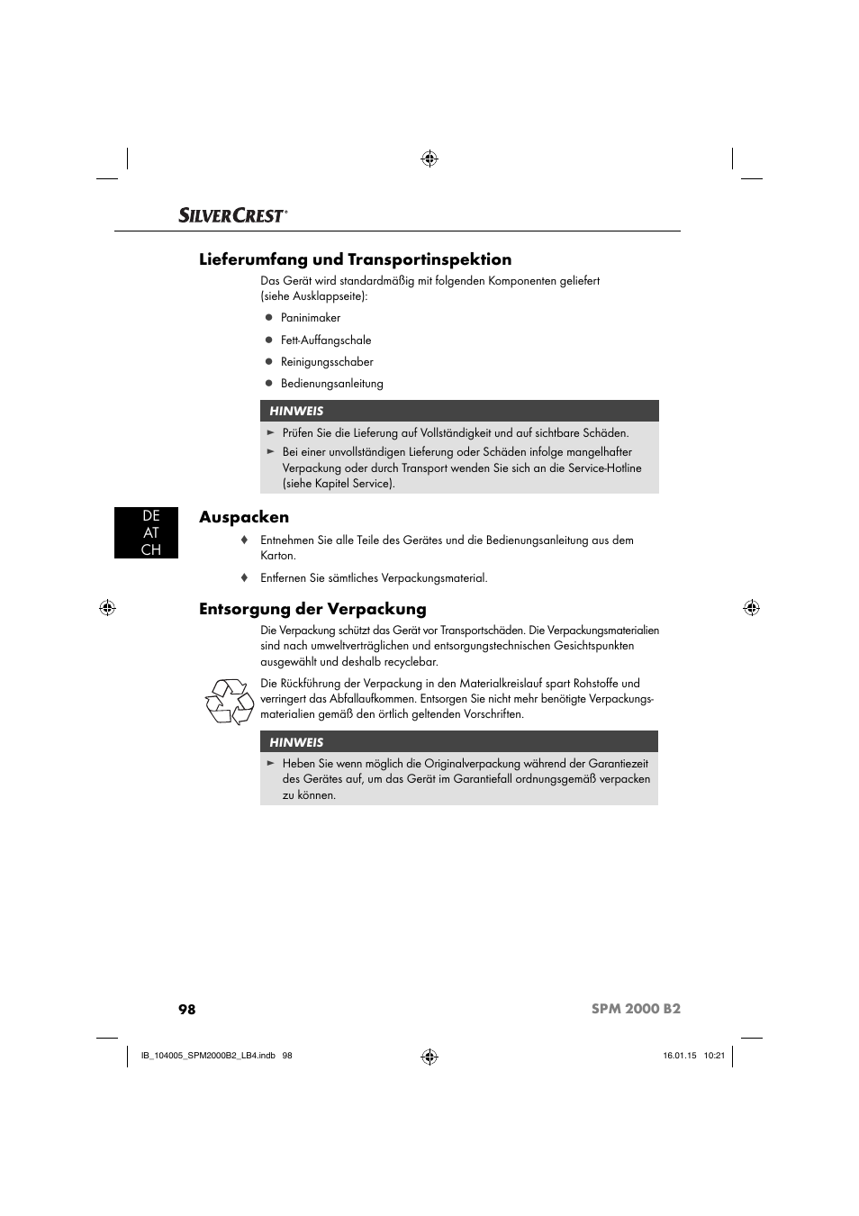 Lieferumfang und transportinspektion, Auspacken, Entsorgung der verpackung | De at ch | Silvercrest SPM 2000 B2 User Manual | Page 101 / 112