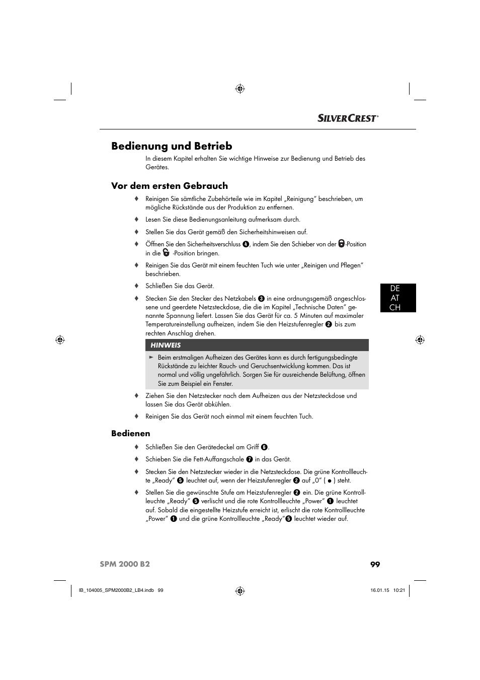 Bedienung und betrieb, Vor dem ersten gebrauch, De at ch | Bedienen | Silvercrest SPM 2000 B2 User Manual | Page 102 / 112