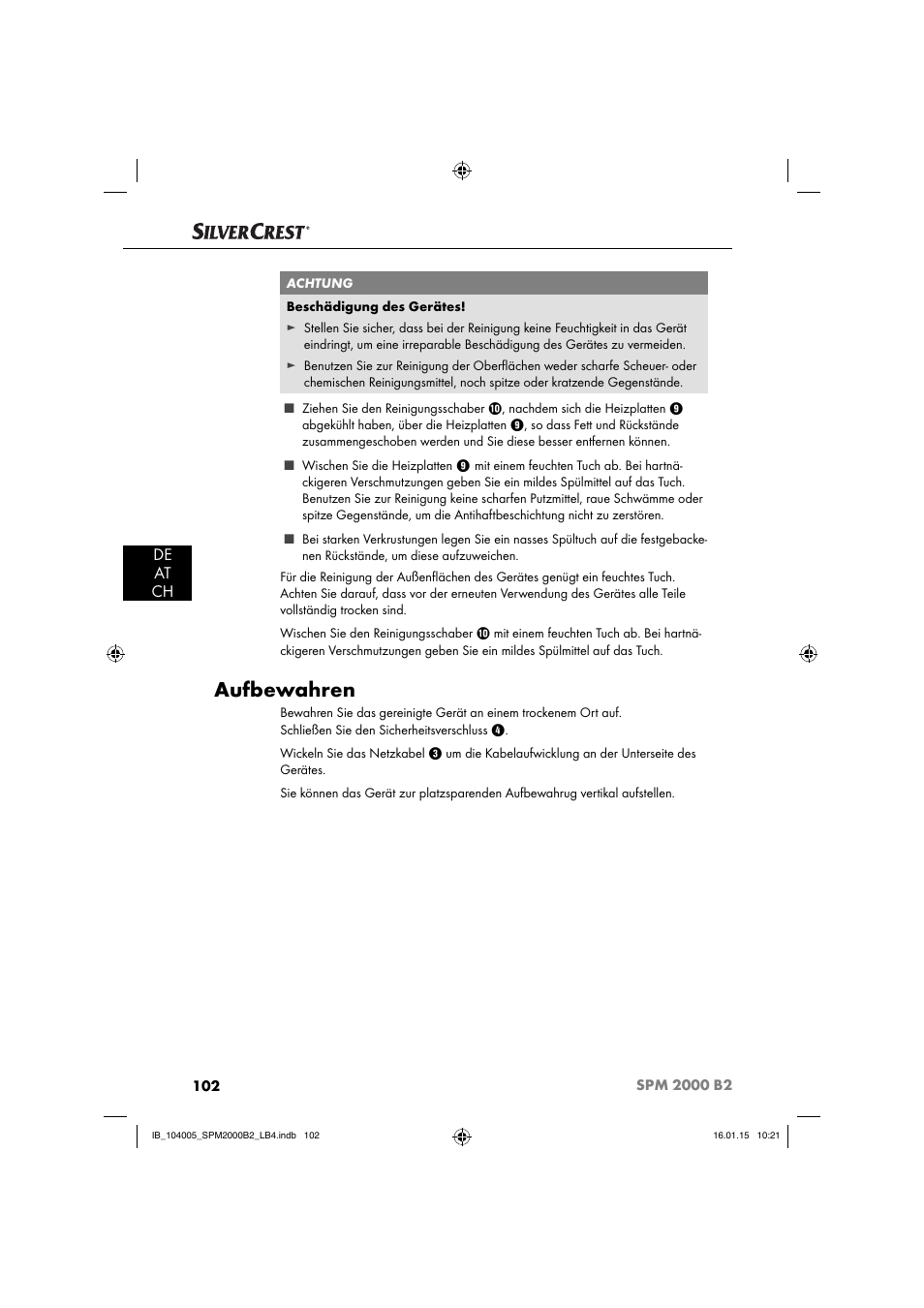 Aufbewahren, De at ch | Silvercrest SPM 2000 B2 User Manual | Page 105 / 112