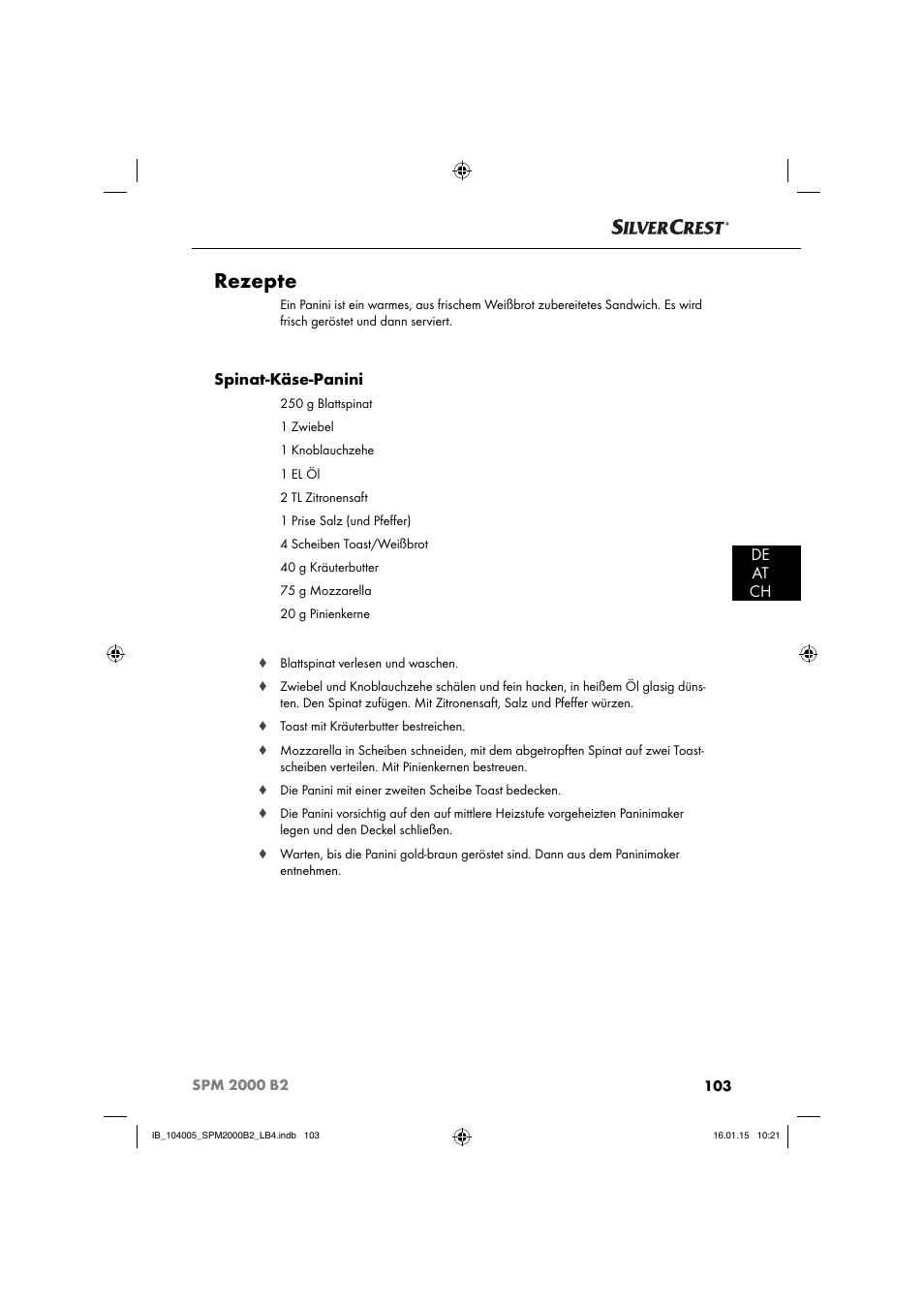 Rezepte, De at ch, Spinat-käse-panini | Silvercrest SPM 2000 B2 User Manual | Page 106 / 112