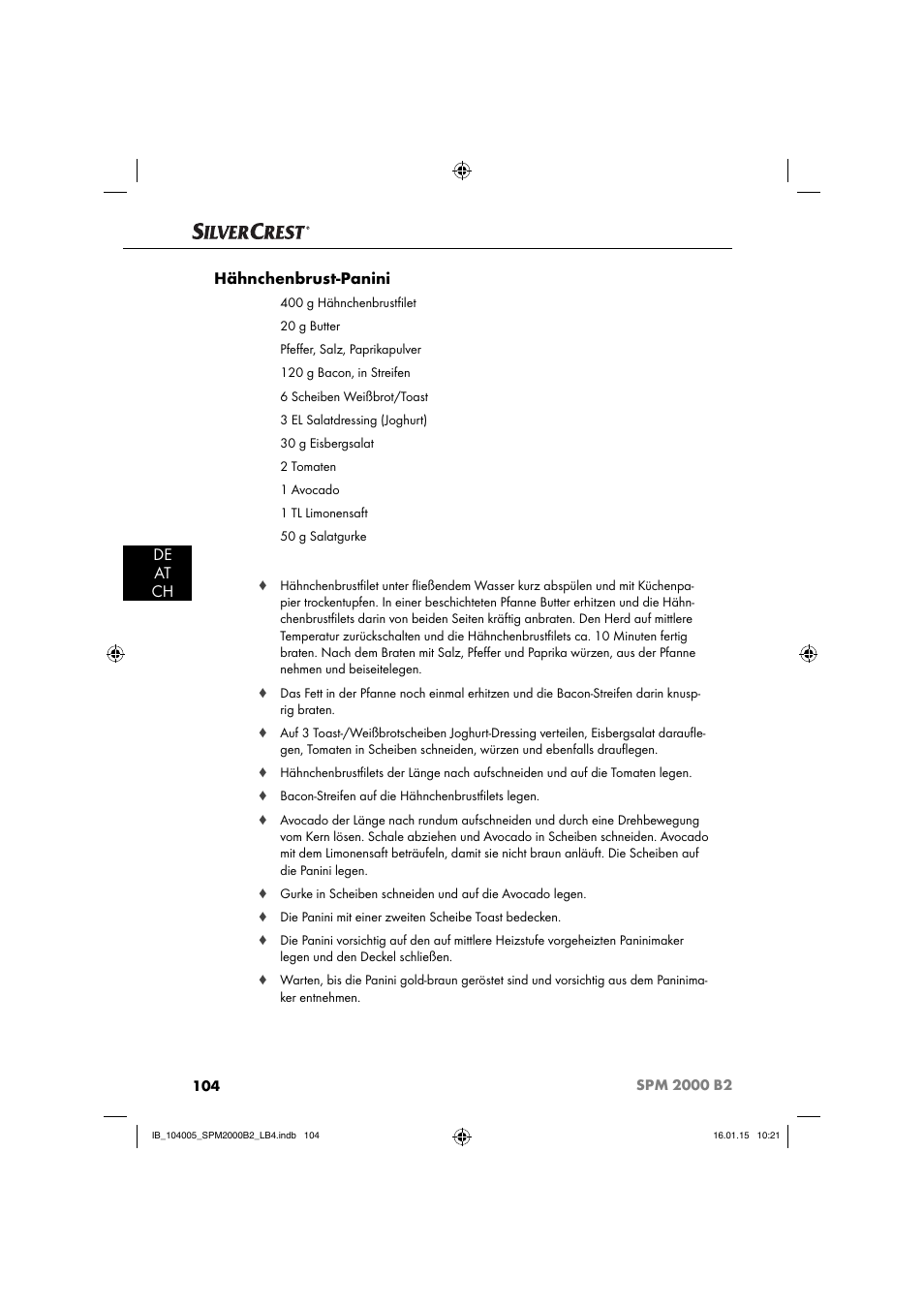 De at ch hähnchenbrust-panini | Silvercrest SPM 2000 B2 User Manual | Page 107 / 112