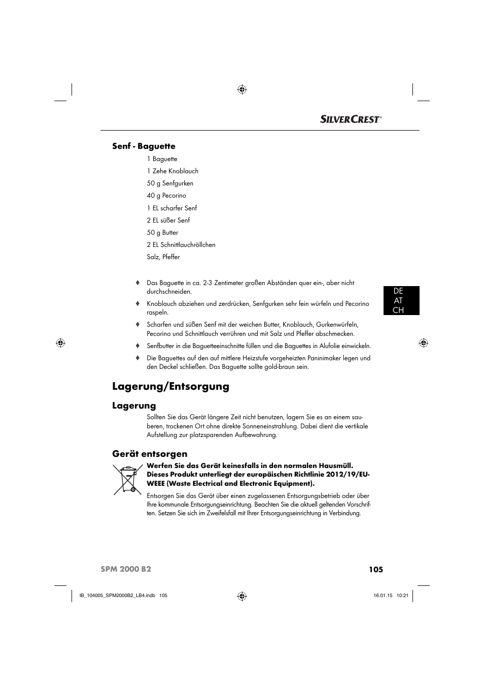 Lagerung/entsorgung, Lagerung, Gerät entsorgen | De at ch senf - baguette | Silvercrest SPM 2000 B2 User Manual | Page 108 / 112