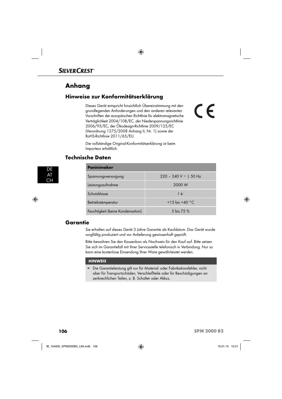 Anhang, Hinweise zur konformitätserklärung, Technische daten | Garantie | Silvercrest SPM 2000 B2 User Manual | Page 109 / 112