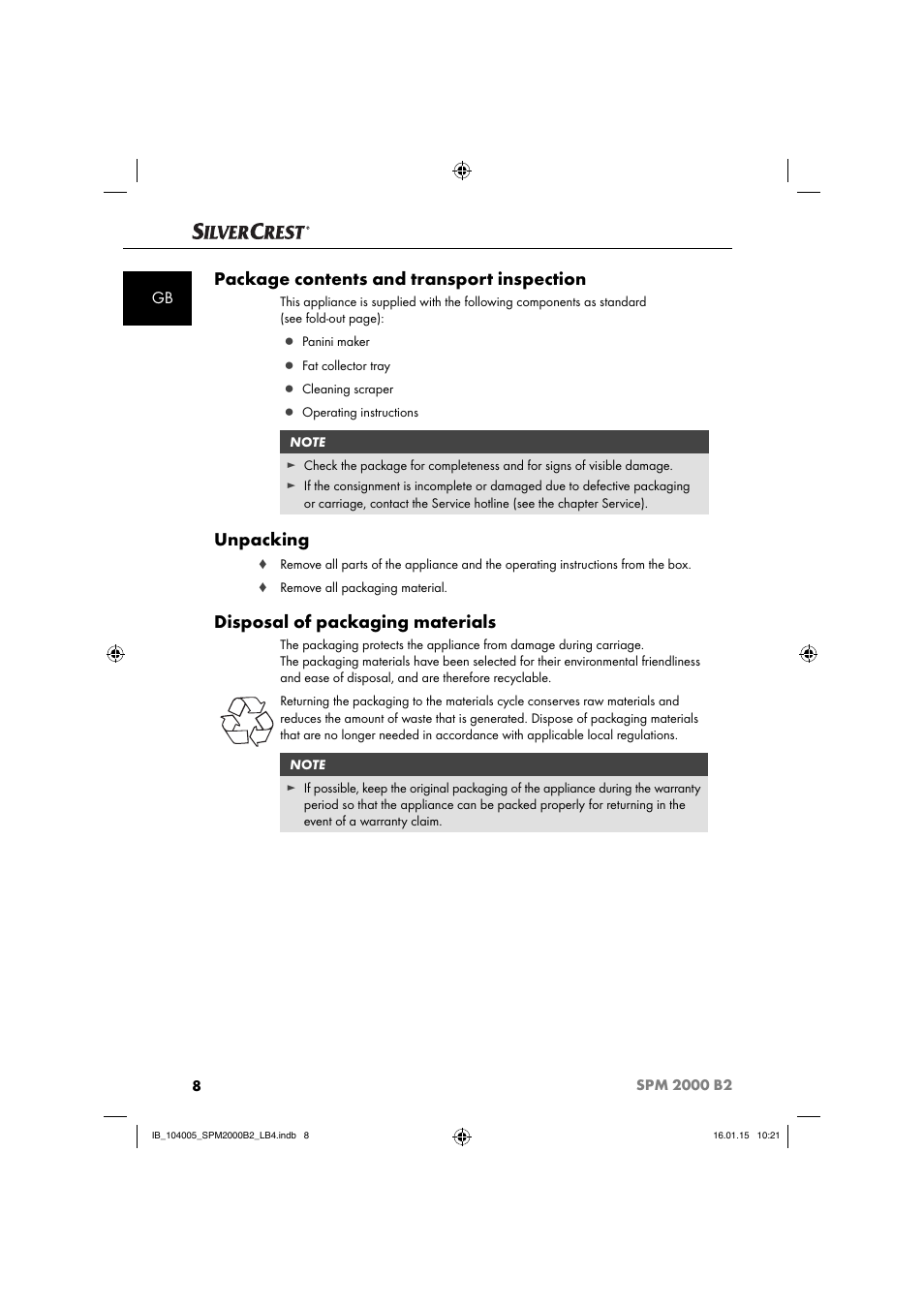 Package contents and transport inspection, Unpacking, Disposal of packaging materials | Silvercrest SPM 2000 B2 User Manual | Page 11 / 112