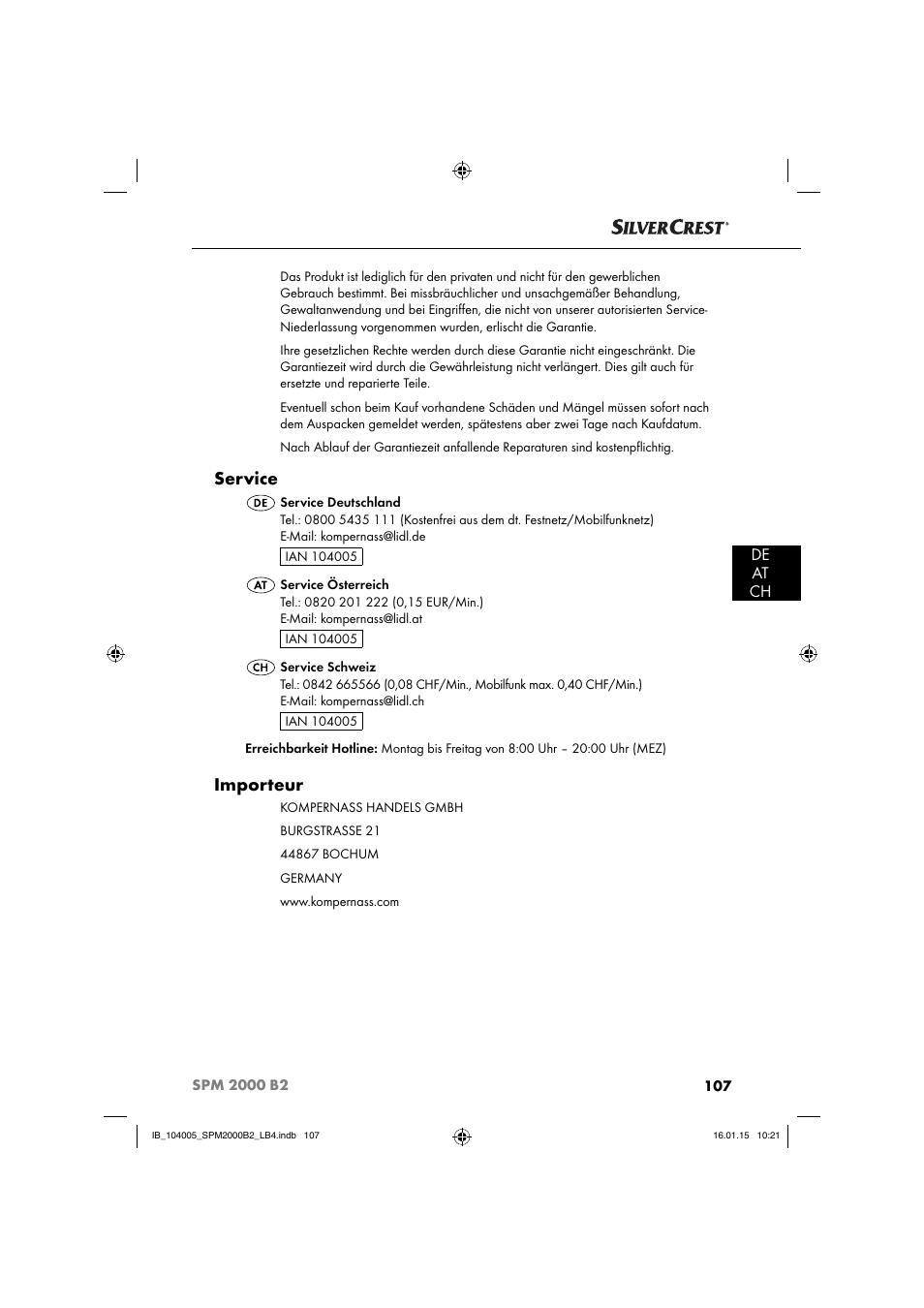 Service, Importeur, De at ch | Silvercrest SPM 2000 B2 User Manual | Page 110 / 112