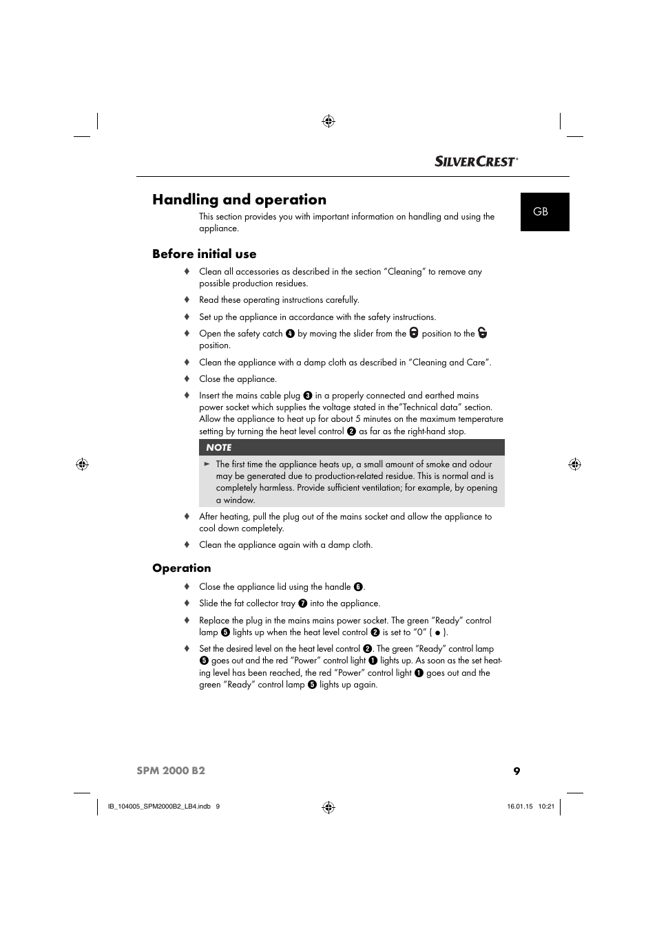 Handling and operation, Before initial use, Operation | Silvercrest SPM 2000 B2 User Manual | Page 12 / 112