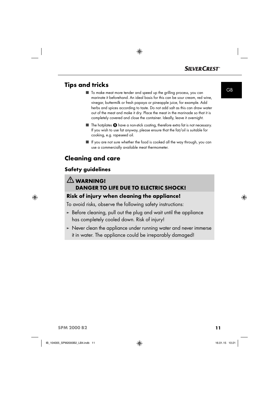Tips and tricks, Cleaning and care | Silvercrest SPM 2000 B2 User Manual | Page 14 / 112