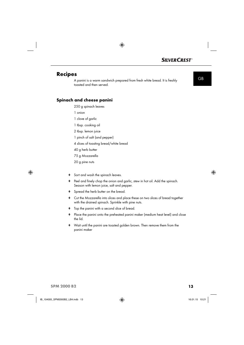 Recipes, Spinach and cheese panini | Silvercrest SPM 2000 B2 User Manual | Page 16 / 112