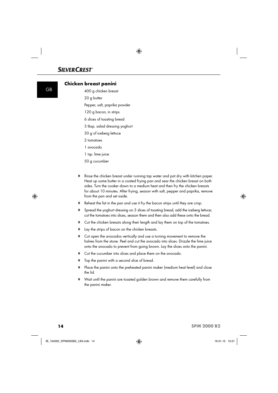 Gb chicken breast panini | Silvercrest SPM 2000 B2 User Manual | Page 17 / 112