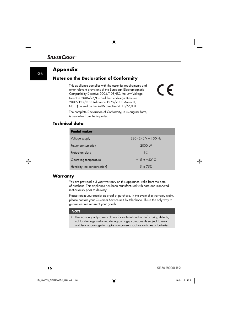 Appendix, Technical data, Warranty | Silvercrest SPM 2000 B2 User Manual | Page 19 / 112