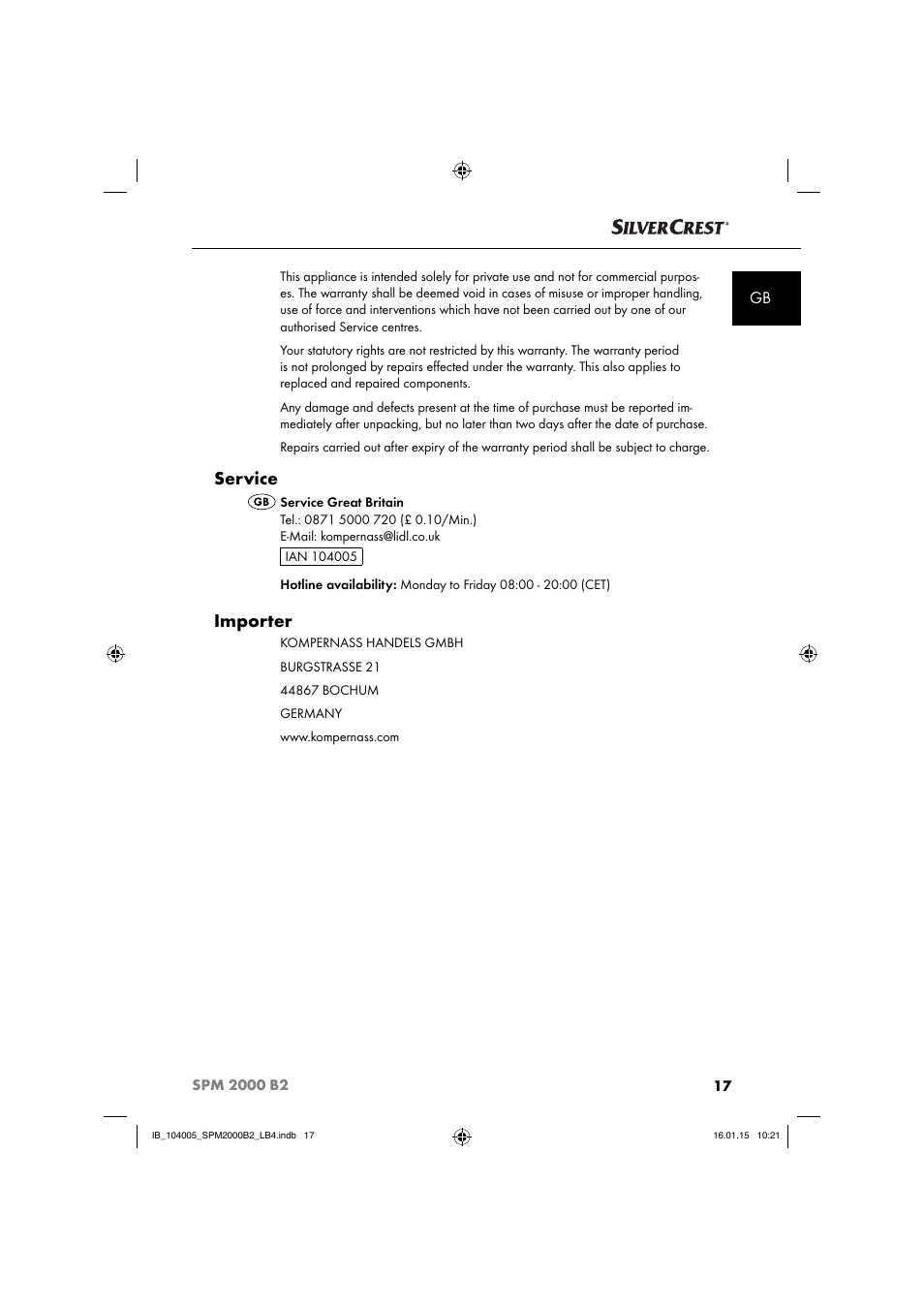 Service, Importer | Silvercrest SPM 2000 B2 User Manual | Page 20 / 112