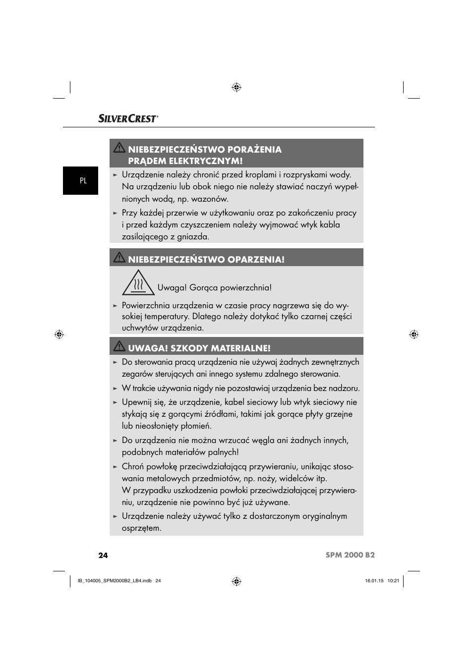 Niebezpieczeństwo porażenia prądem elektrycznym | Silvercrest SPM 2000 B2 User Manual | Page 27 / 112