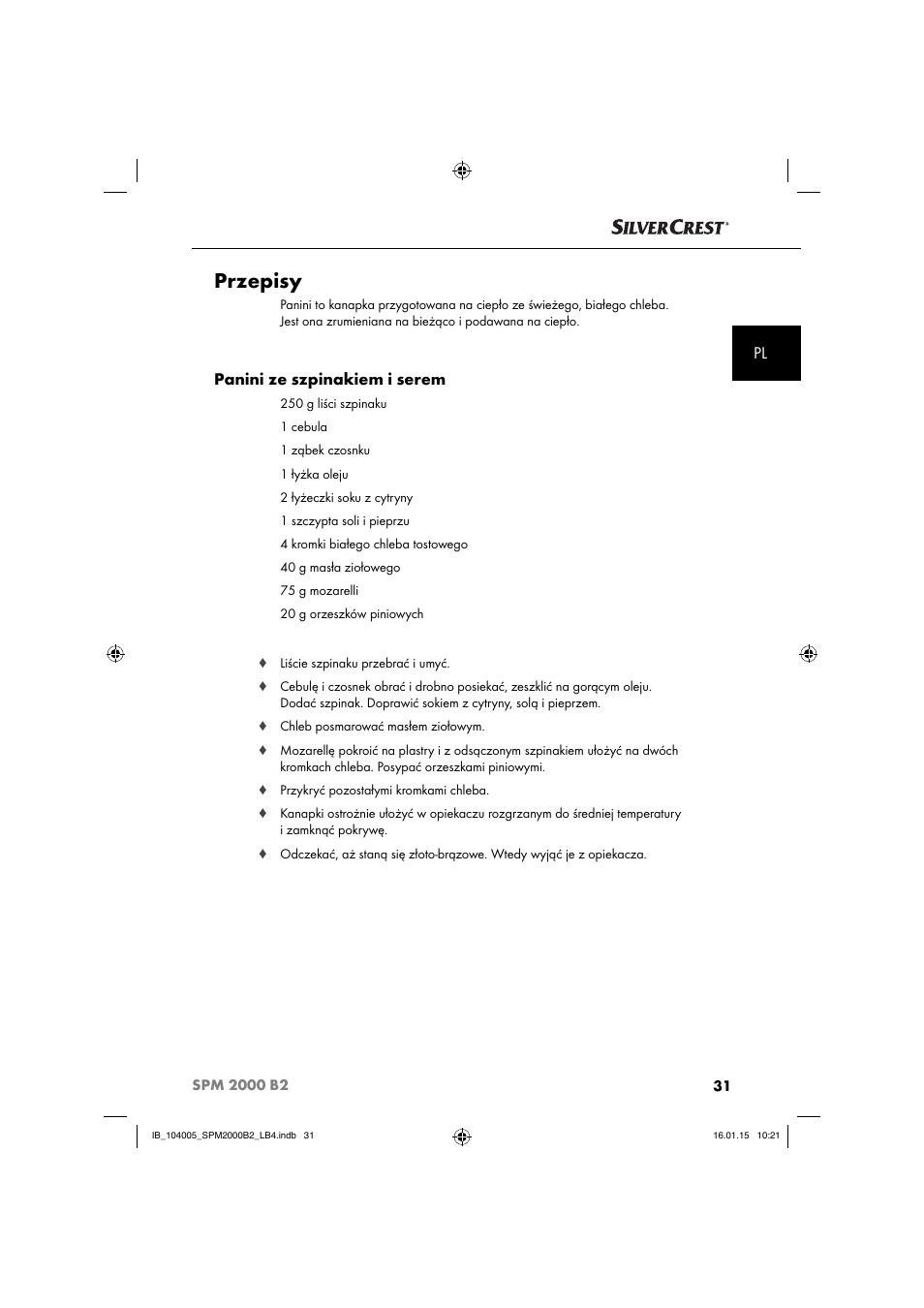 Przepisy, Panini ze szpinakiem i serem | Silvercrest SPM 2000 B2 User Manual | Page 34 / 112