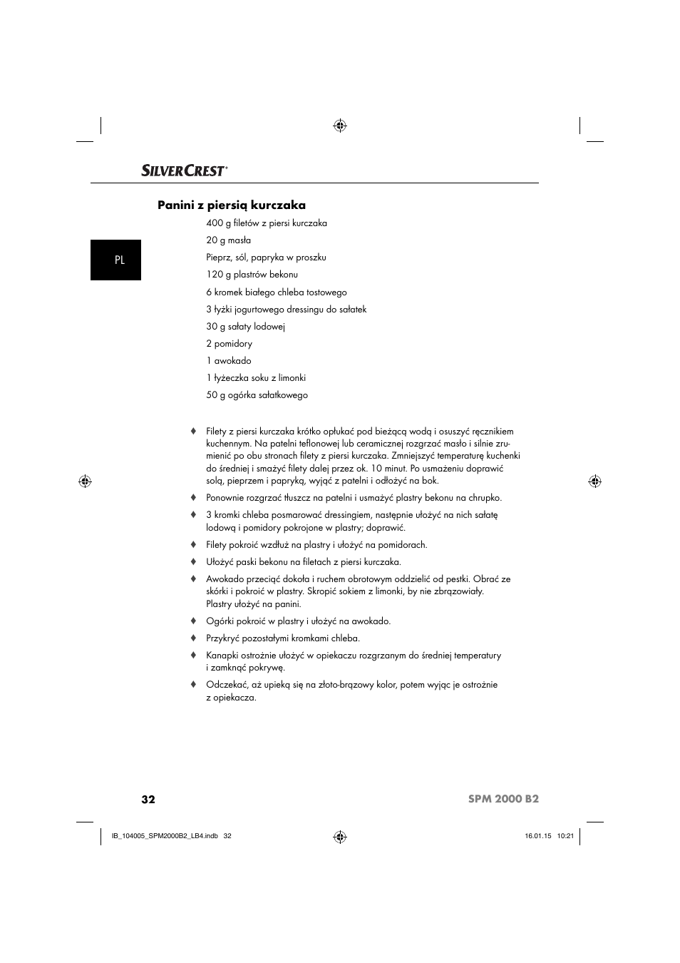 Pl panini z piersią kurczaka | Silvercrest SPM 2000 B2 User Manual | Page 35 / 112