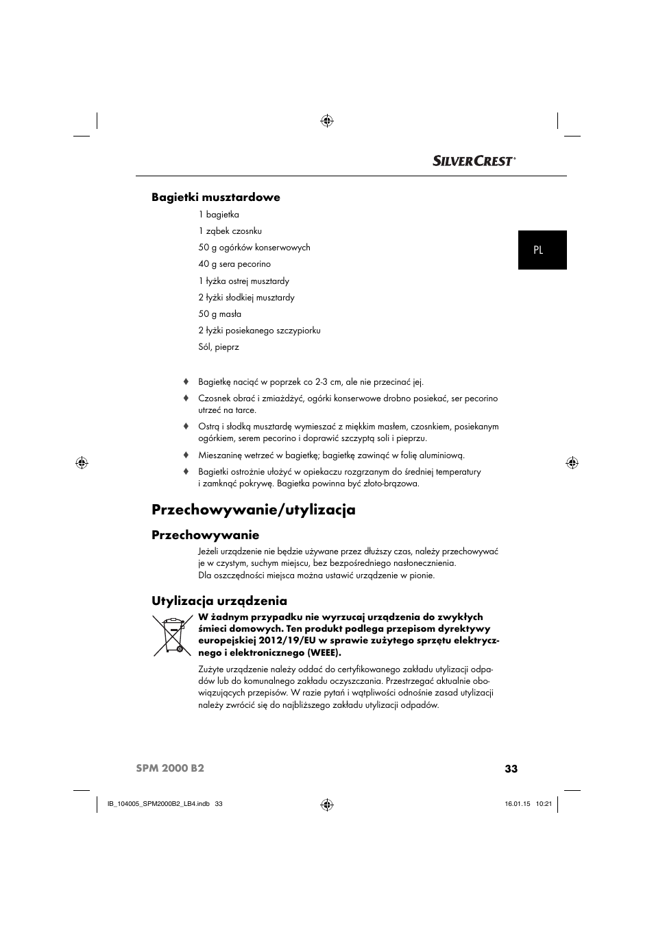 Przechowywanie/utylizacja, Przechowywanie, Utylizacja urządzenia | Pl bagietki musztardowe | Silvercrest SPM 2000 B2 User Manual | Page 36 / 112