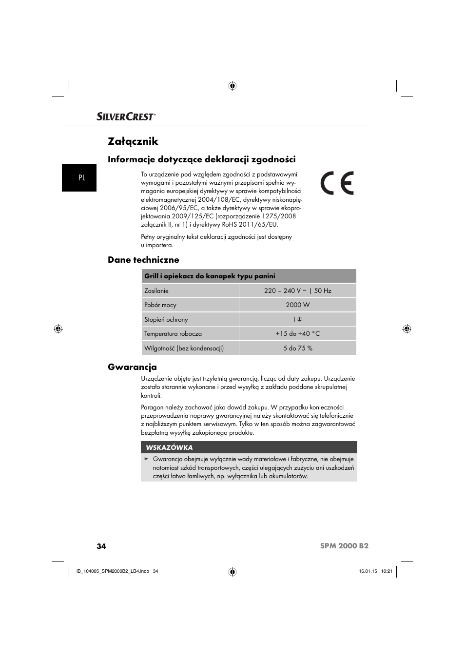 Załącznik, Informacje dotyczące deklaracji zgodności, Dane techniczne | Gwarancja | Silvercrest SPM 2000 B2 User Manual | Page 37 / 112