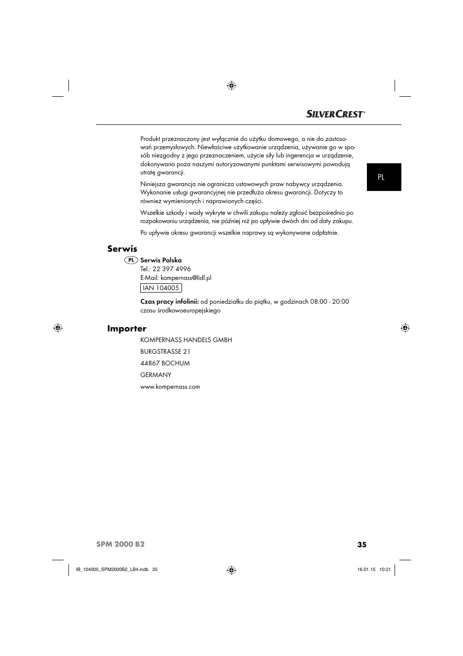 Serwis, Importer | Silvercrest SPM 2000 B2 User Manual | Page 38 / 112