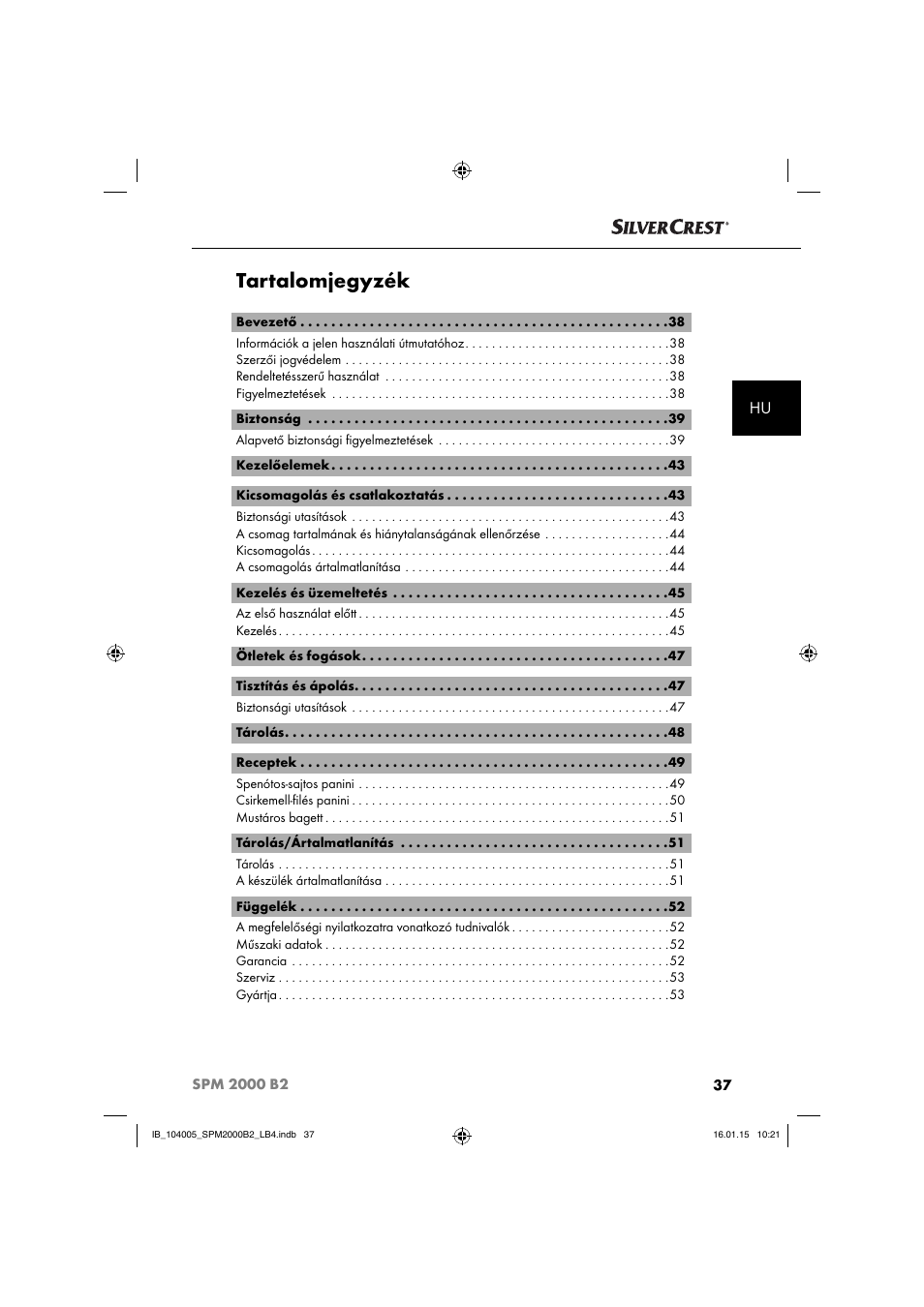 Tartalomjegyzék | Silvercrest SPM 2000 B2 User Manual | Page 40 / 112