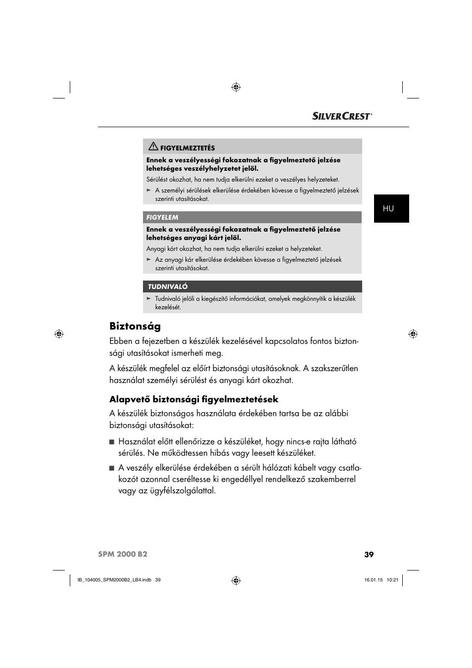 Biztonság | Silvercrest SPM 2000 B2 User Manual | Page 42 / 112