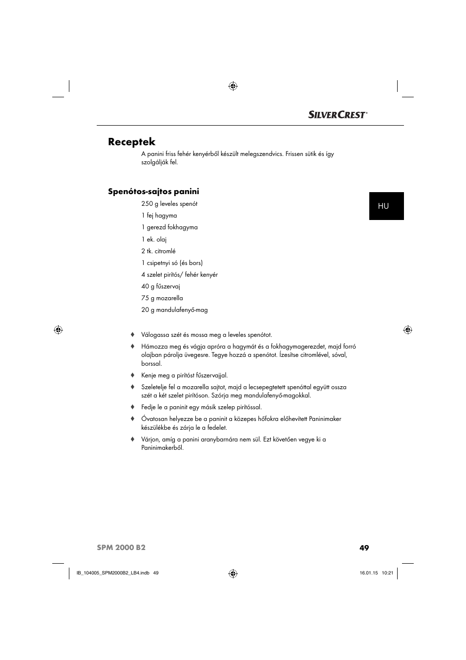 Receptek, Spenótos-sajtos panini | Silvercrest SPM 2000 B2 User Manual | Page 52 / 112