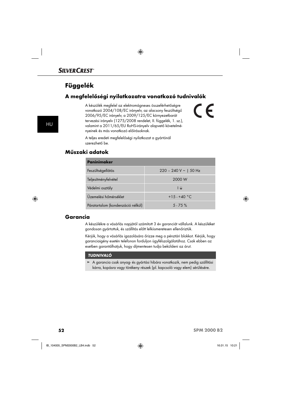 Függelék, A megfelelőségi nyilatkozatra vonatkozó tudnivalók, Műszaki adatok | Garancia | Silvercrest SPM 2000 B2 User Manual | Page 55 / 112