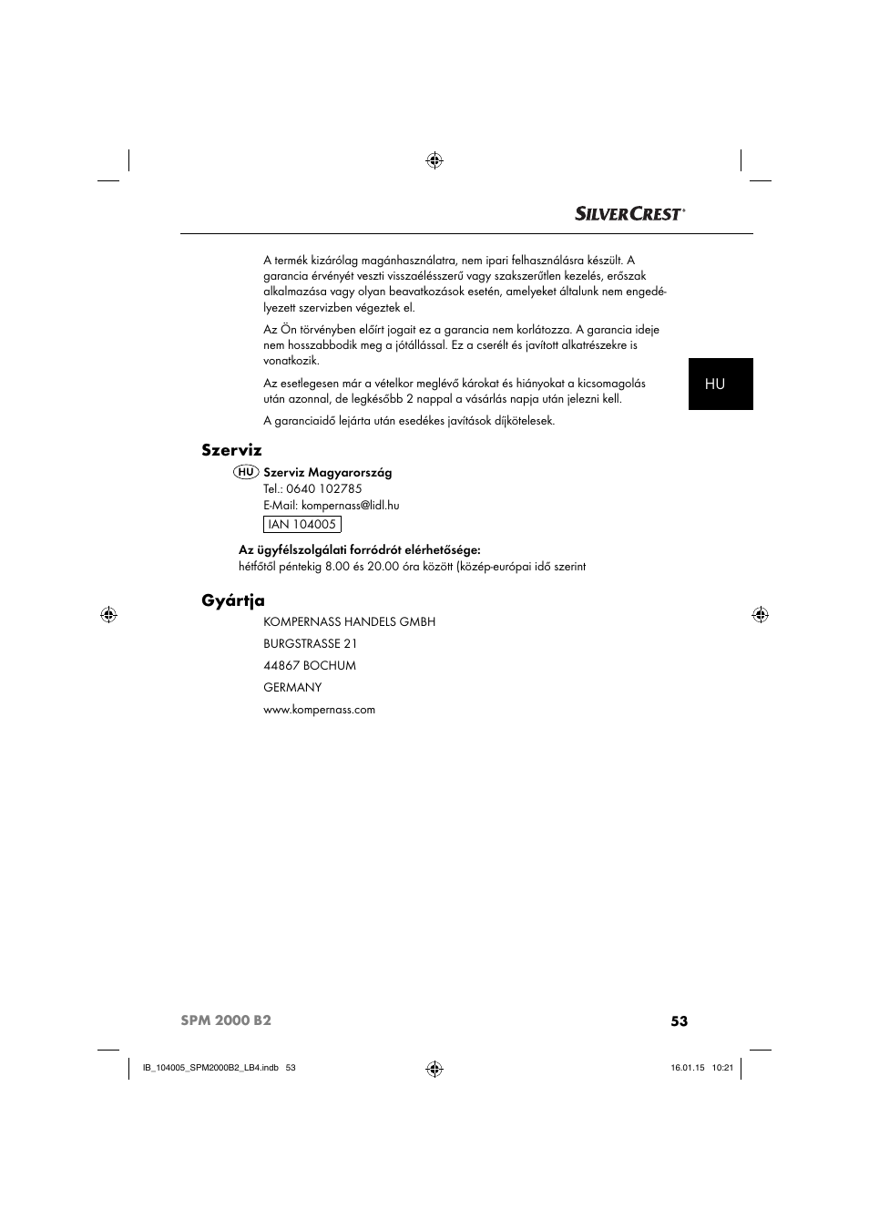 Szerviz, Gyártja | Silvercrest SPM 2000 B2 User Manual | Page 56 / 112