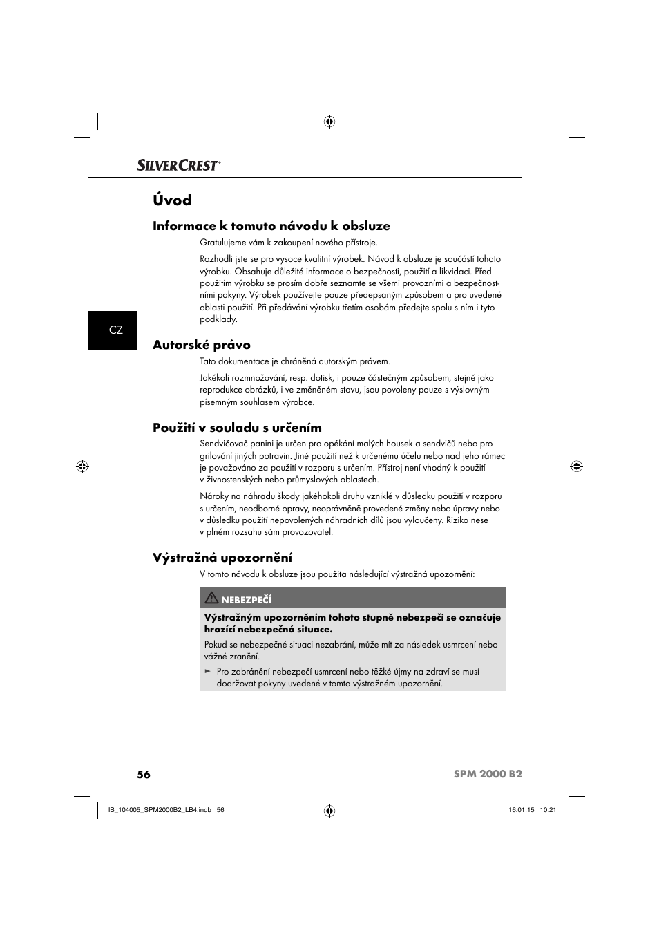 Úvod, Informace k tomuto návodu k obsluze, Autorské právo | Použití v souladu s určením, Výstražná upozornění | Silvercrest SPM 2000 B2 User Manual | Page 59 / 112