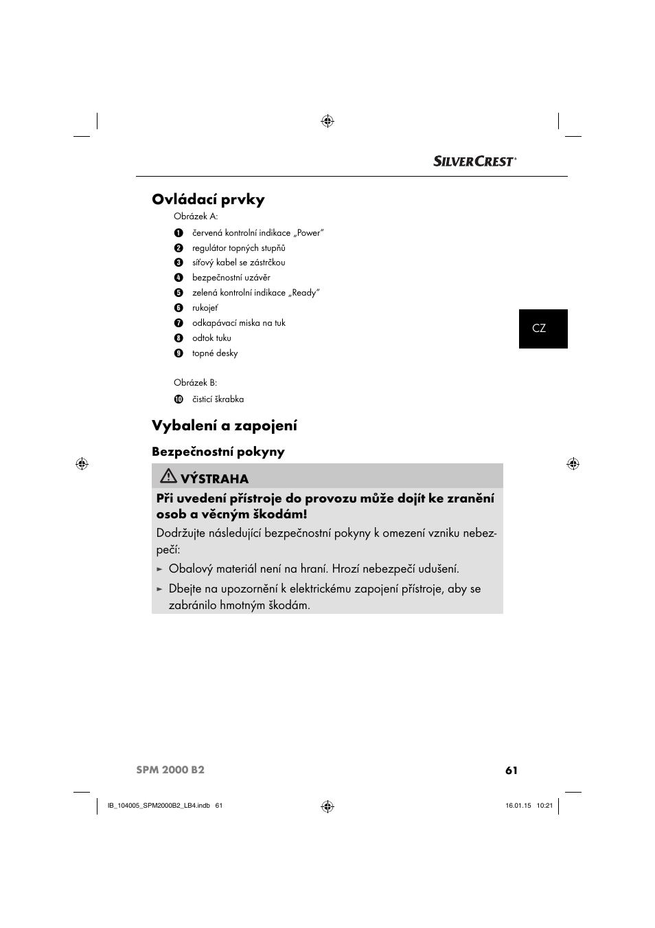 Ovládací prvky, Vybalení a zapojení | Silvercrest SPM 2000 B2 User Manual | Page 64 / 112