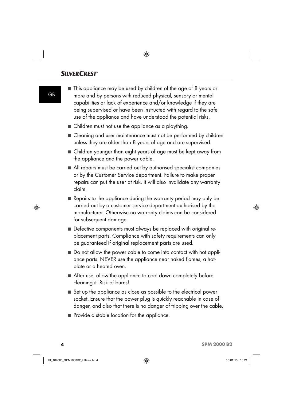 Children must not use the appliance as a plaything, Provide a stable location for the appliance | Silvercrest SPM 2000 B2 User Manual | Page 7 / 112