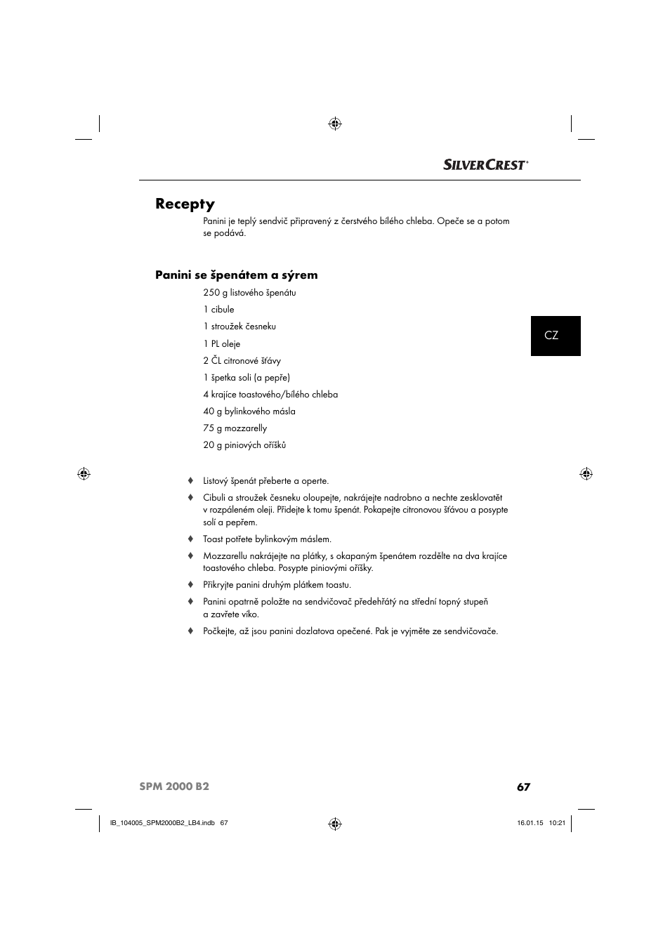 Recepty, Panini se špenátem a sýrem | Silvercrest SPM 2000 B2 User Manual | Page 70 / 112