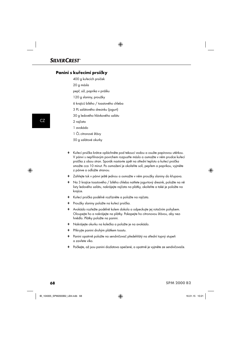 Cz panini s kuřecími prsíčky | Silvercrest SPM 2000 B2 User Manual | Page 71 / 112