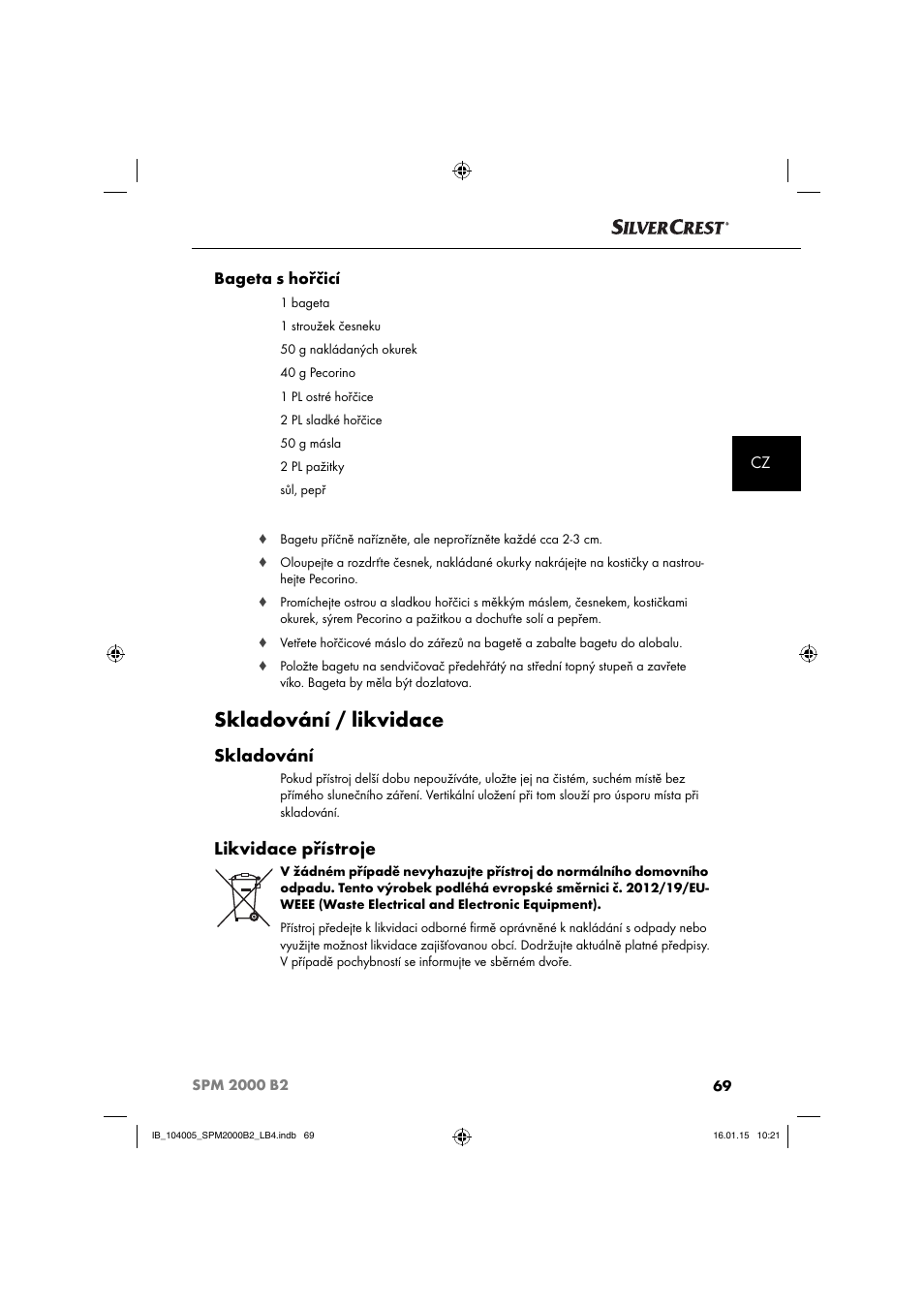 Skladování / likvidace, Skladování, Likvidace přístroje | Cz bageta s hořčicí | Silvercrest SPM 2000 B2 User Manual | Page 72 / 112