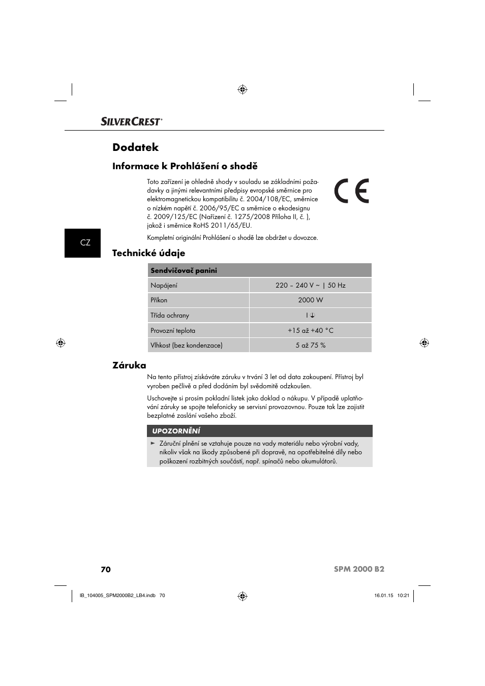 Dodatek, Informace k prohlášení o shodě, Technické údaje | Záruka | Silvercrest SPM 2000 B2 User Manual | Page 73 / 112