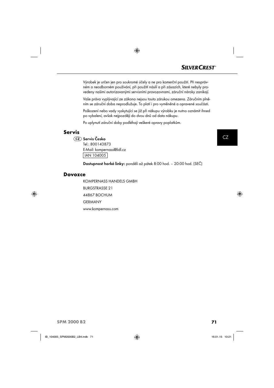 Servis, Dovozce | Silvercrest SPM 2000 B2 User Manual | Page 74 / 112