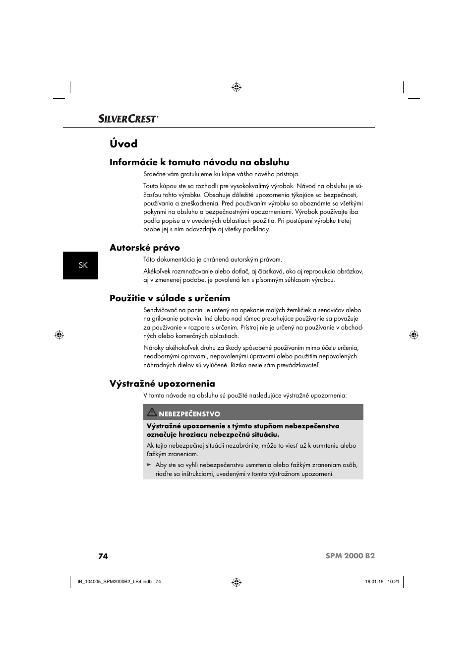 Úvod, Informácie k tomuto návodu na obsluhu, Autorské právo | Použitie v súlade s určením, Výstražné upozornenia | Silvercrest SPM 2000 B2 User Manual | Page 77 / 112