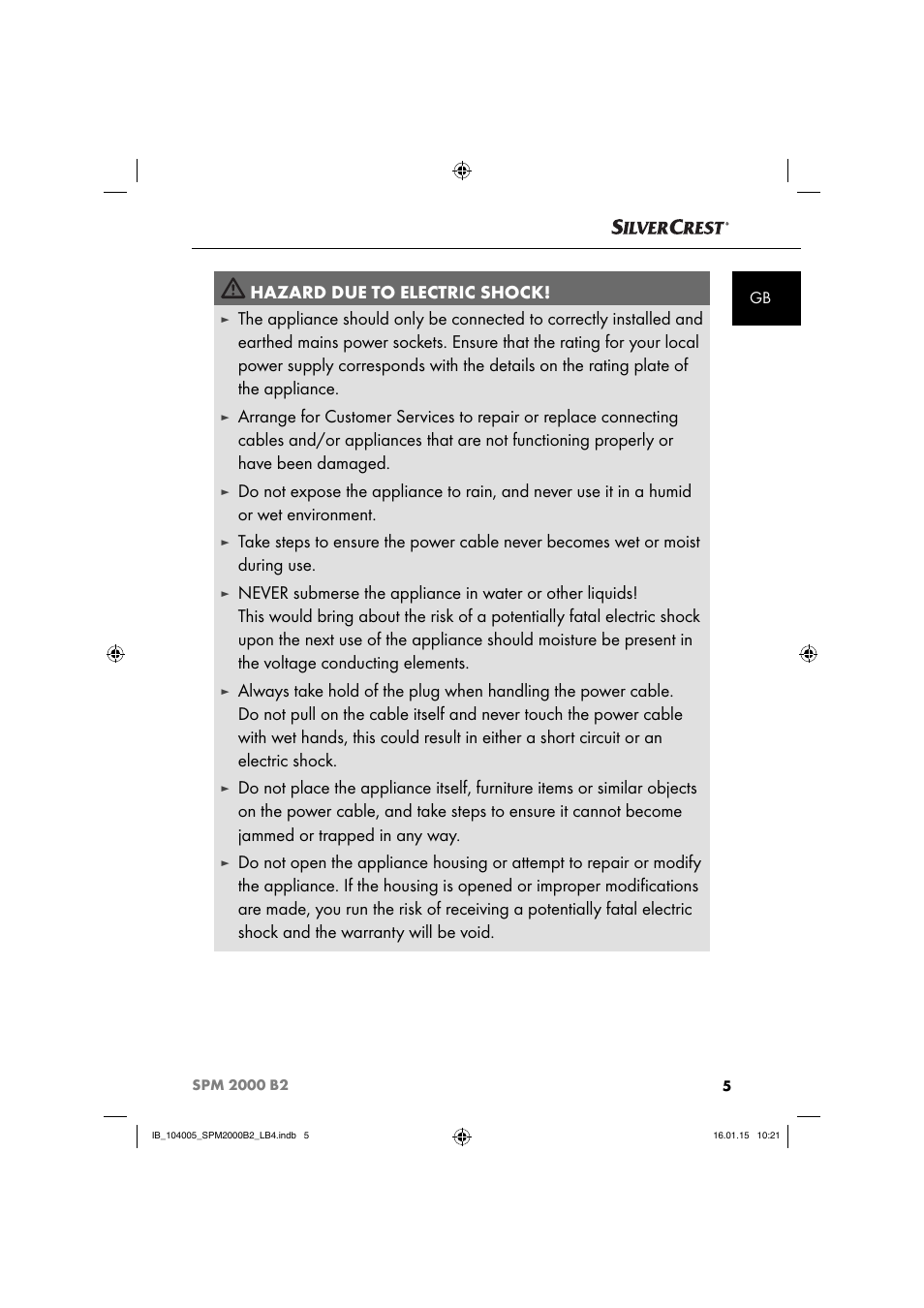 Hazard due to electric shock | Silvercrest SPM 2000 B2 User Manual | Page 8 / 112
