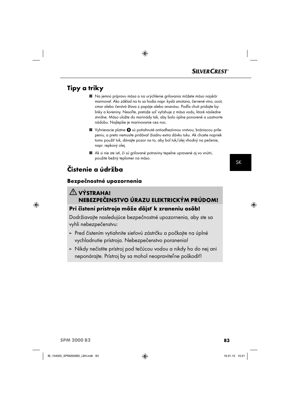Tipy a triky, Čistenie a údržba | Silvercrest SPM 2000 B2 User Manual | Page 86 / 112