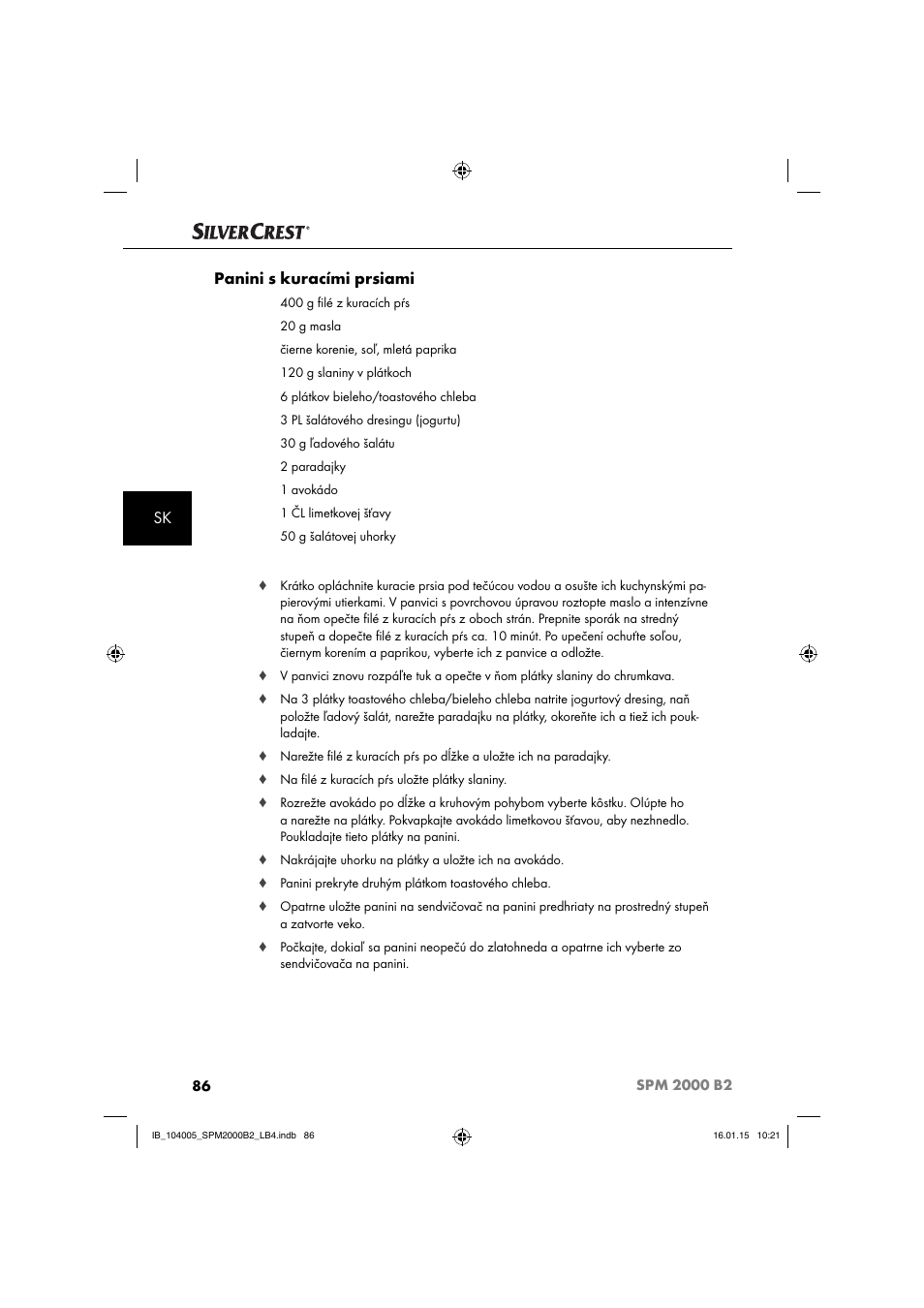 Sk panini s kuracími prsiami | Silvercrest SPM 2000 B2 User Manual | Page 89 / 112