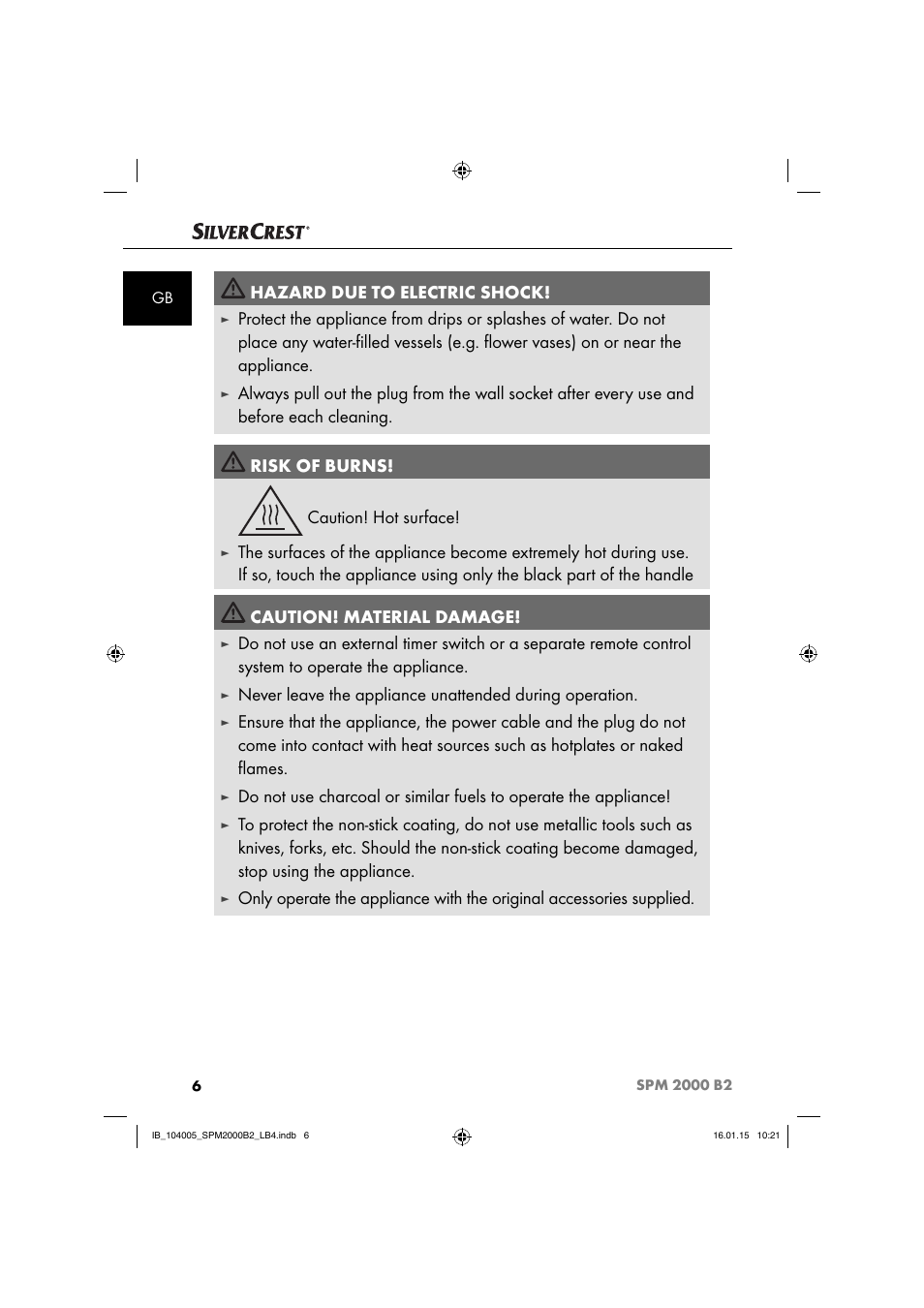 Hazard due to electric shock | Silvercrest SPM 2000 B2 User Manual | Page 9 / 112