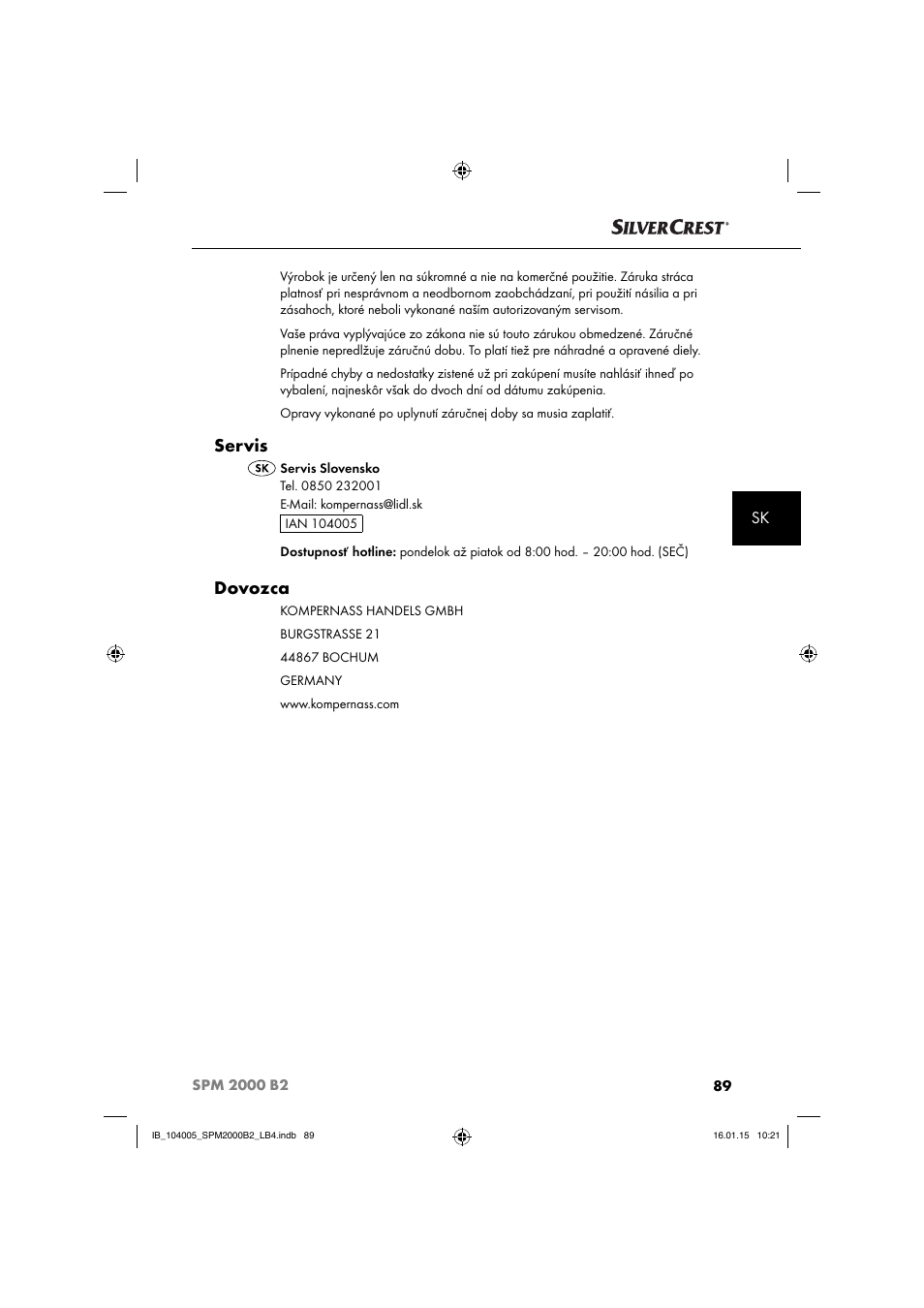 Servis, Dovozca | Silvercrest SPM 2000 B2 User Manual | Page 92 / 112