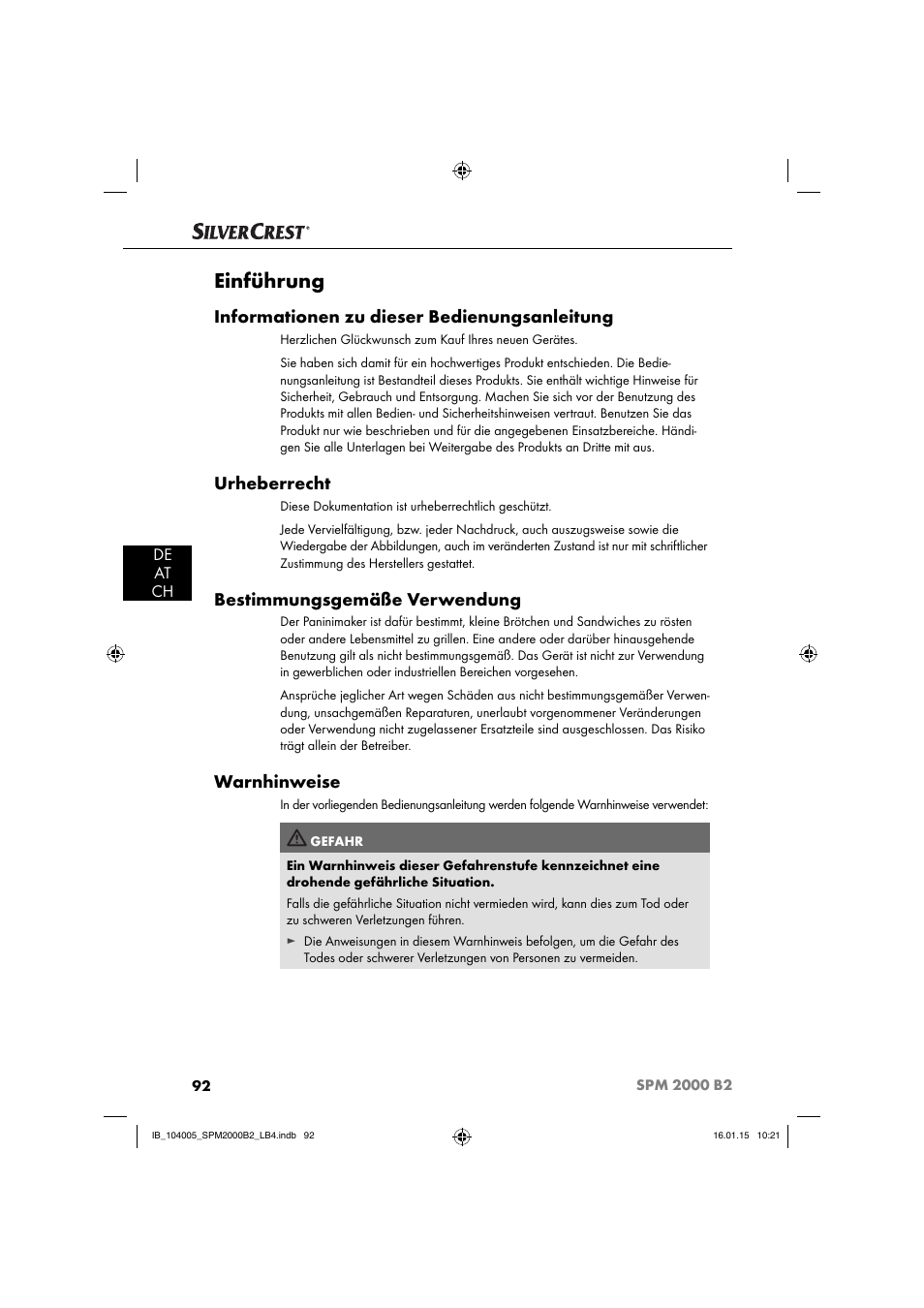 Einführung, Informationen zu dieser bedienungsanleitung, Urheberrecht | Bestimmungsgemäße verwendung, Warnhinweise | Silvercrest SPM 2000 B2 User Manual | Page 95 / 112