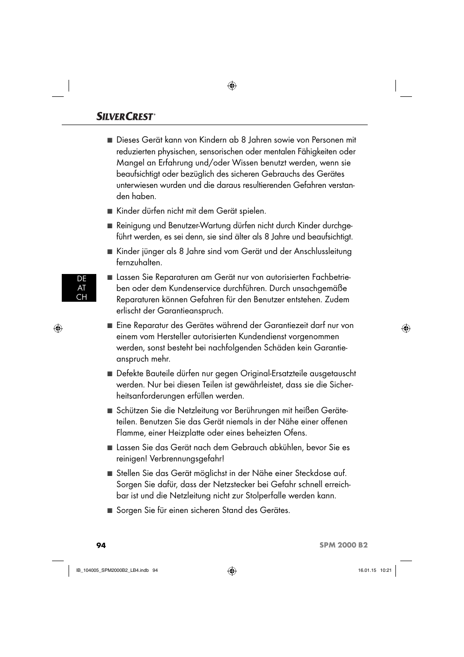 Kinder dürfen nicht mit dem gerät spielen, Sorgen sie für einen sicheren stand des gerätes | Silvercrest SPM 2000 B2 User Manual | Page 97 / 112