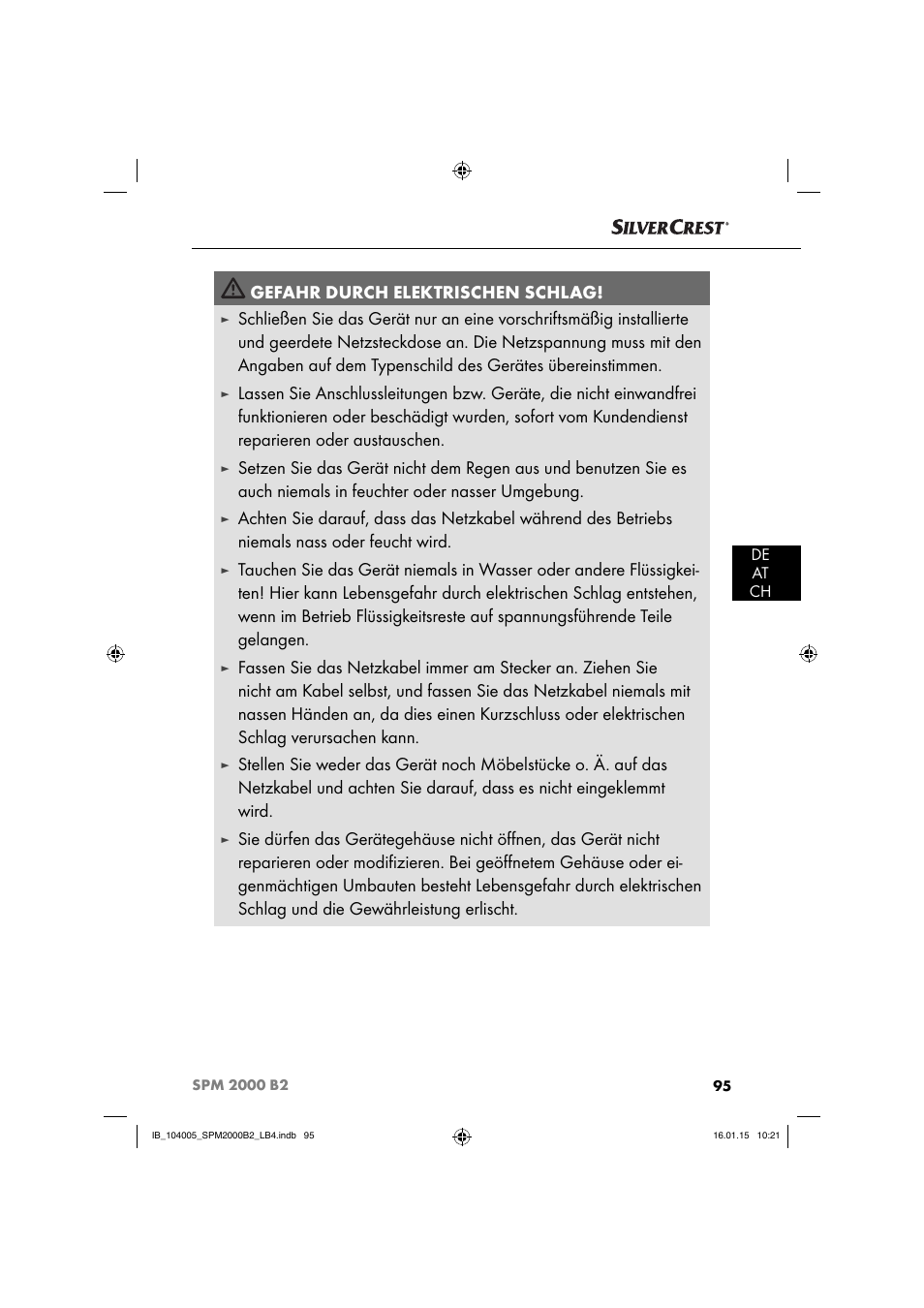 Gefahr durch elektrischen schlag | Silvercrest SPM 2000 B2 User Manual | Page 98 / 112