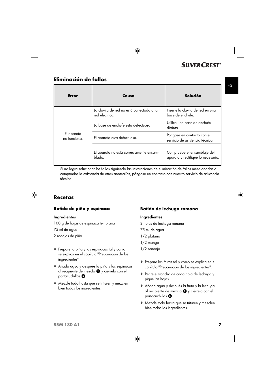 Recetas, Eliminación de fallos | Silvercrest SSM 180 A1 User Manual | Page 10 / 54