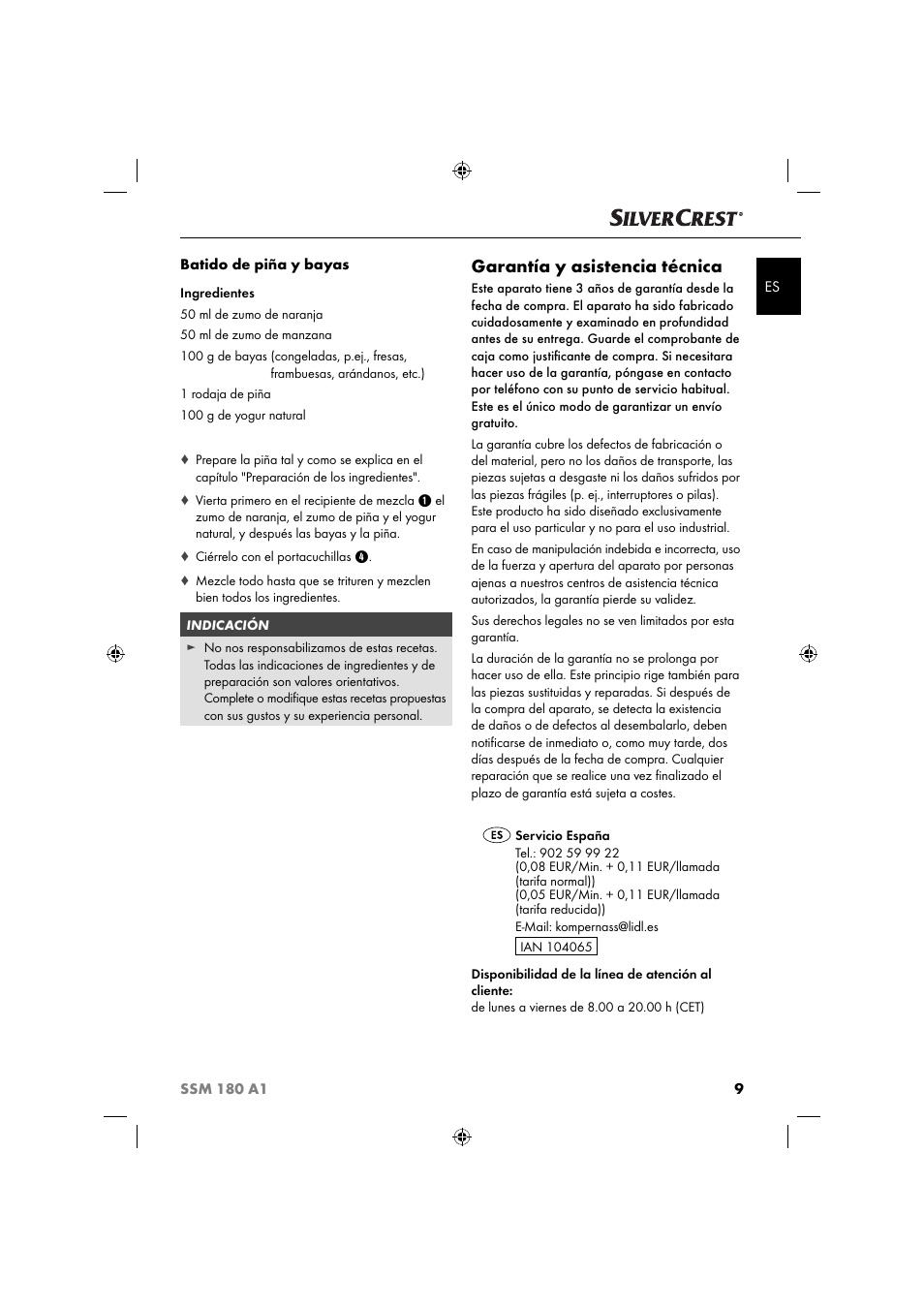 Garantía y asistencia técnica | Silvercrest SSM 180 A1 User Manual | Page 12 / 54