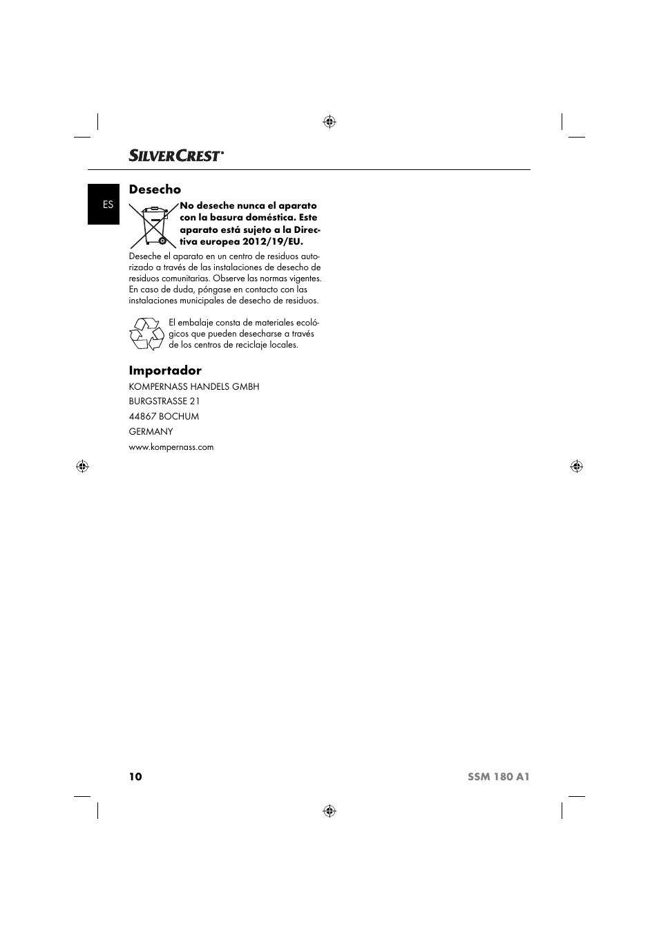 Desecho, Importador | Silvercrest SSM 180 A1 User Manual | Page 13 / 54