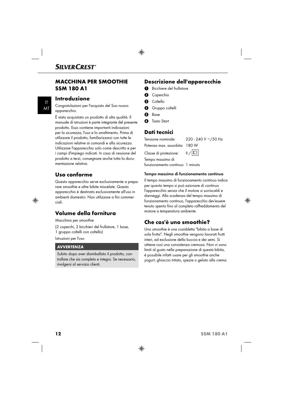 Macchina per smoothie ssm 180 a1 introduzione, Uso conforme, Volume della fornitura | Descrizione dell'apparecchio, Dati tecnici, Che cos'è uno smoothie | Silvercrest SSM 180 A1 User Manual | Page 15 / 54