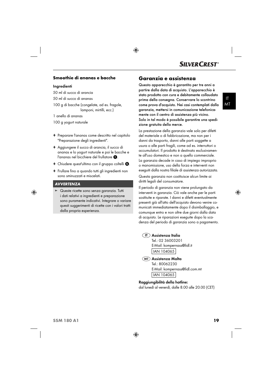 Garanzia e assistenza | Silvercrest SSM 180 A1 User Manual | Page 22 / 54