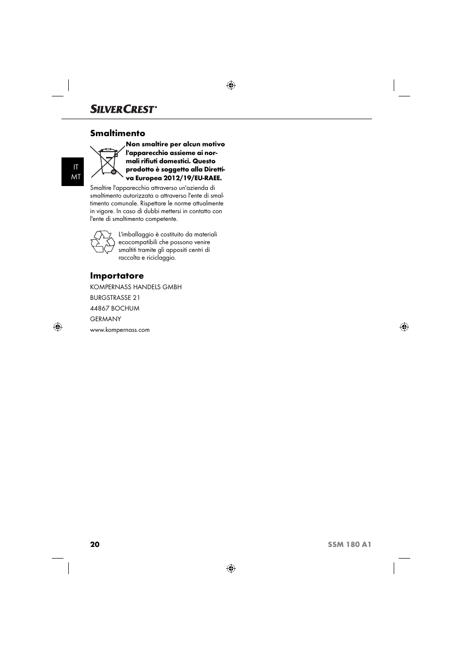 Smaltimento, Importatore | Silvercrest SSM 180 A1 User Manual | Page 23 / 54